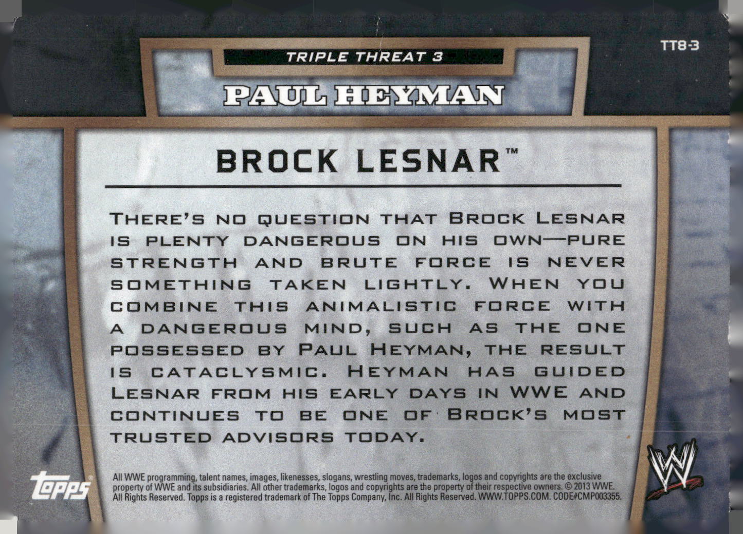 2013 Topps WWE #TT8-3 Brock Lesnar Triple Threat Tier 3
