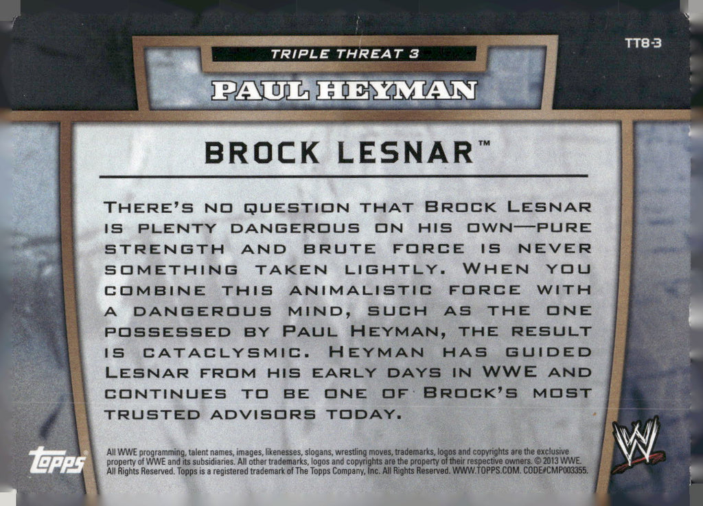 2013 Topps WWE #TT8-3 Brock Lesnar Triple Threat Tier 3