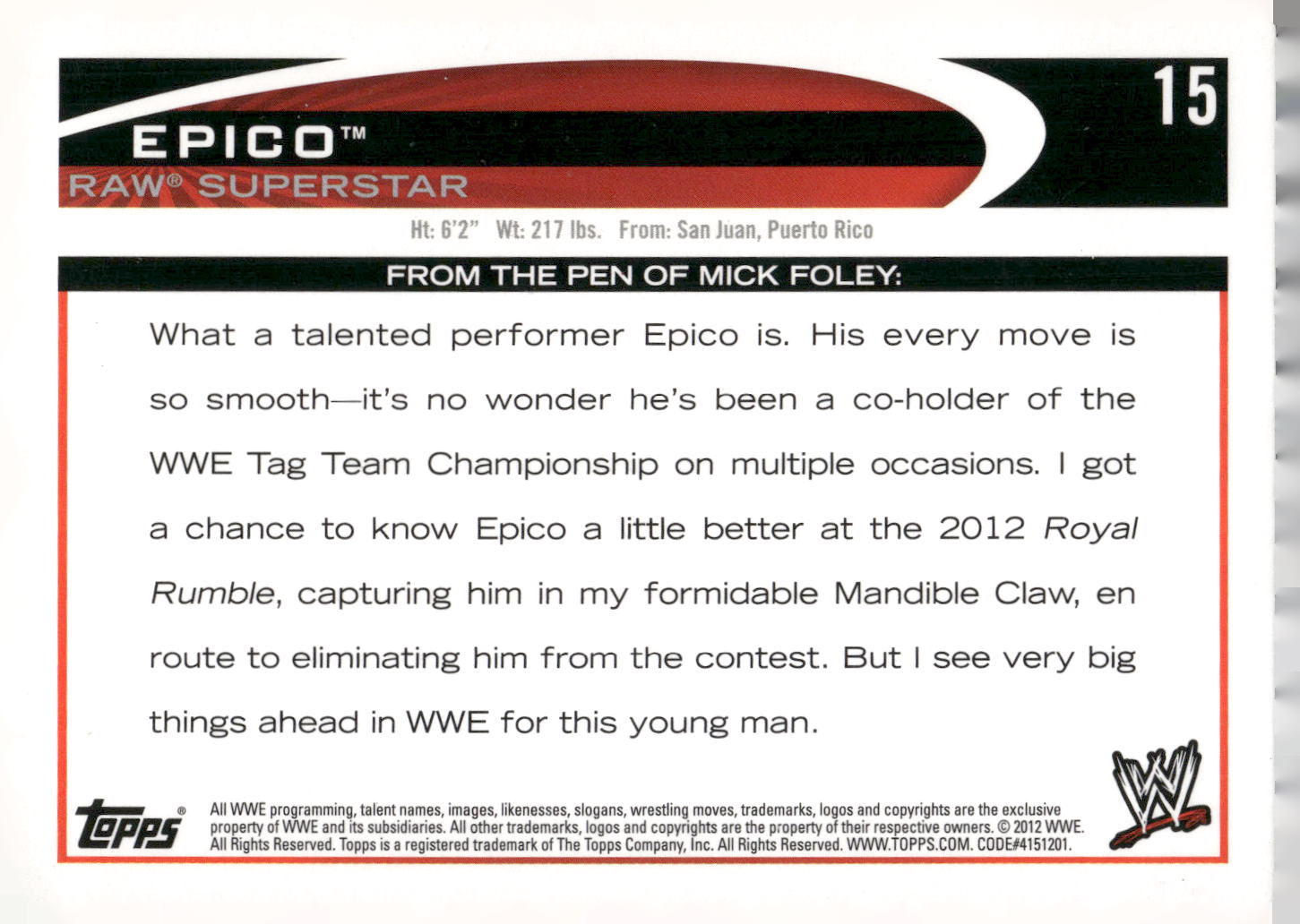 2012 Topps WWE #15 Epico