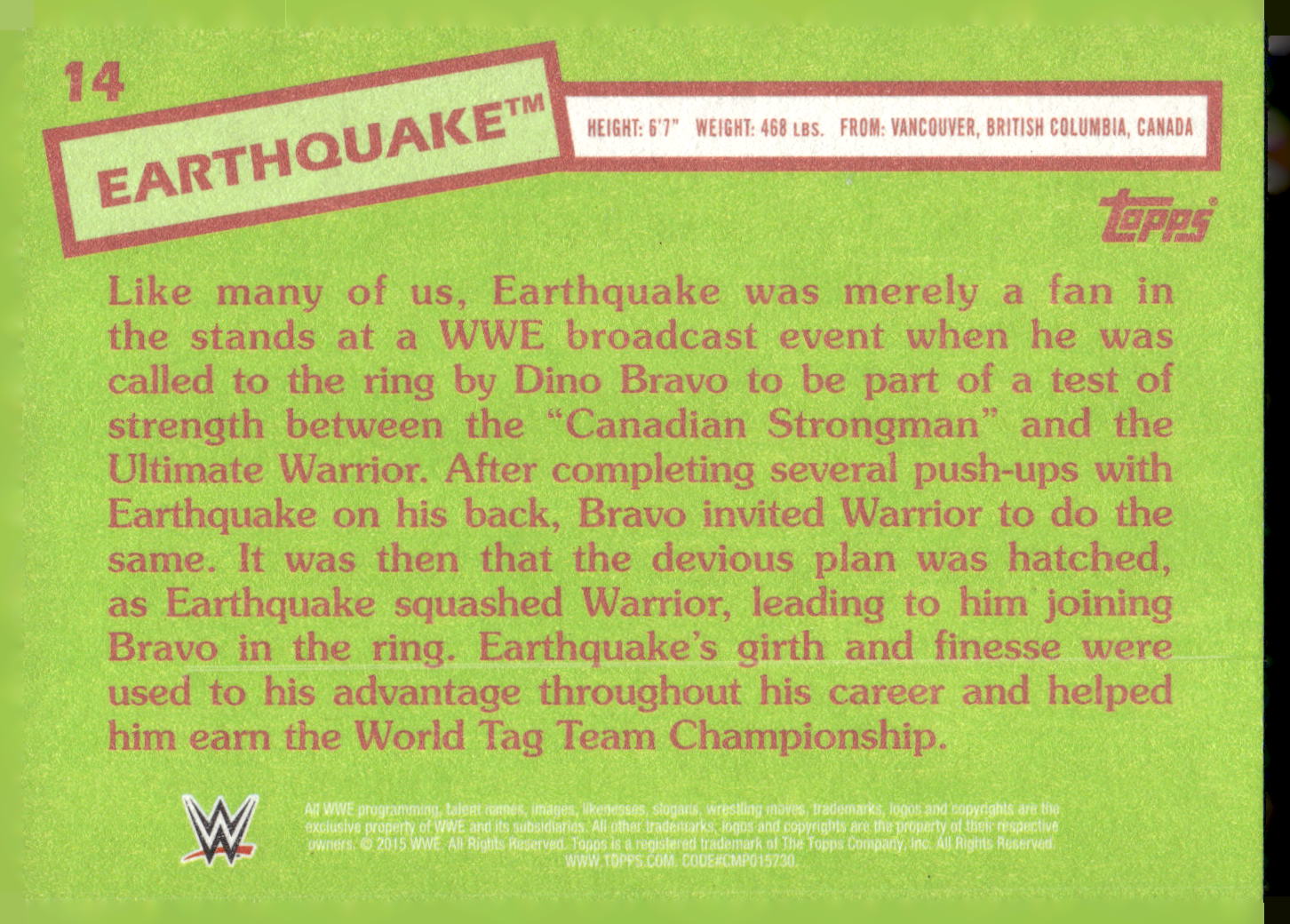 2015 Topps WWE Heritage #14 Earthquake