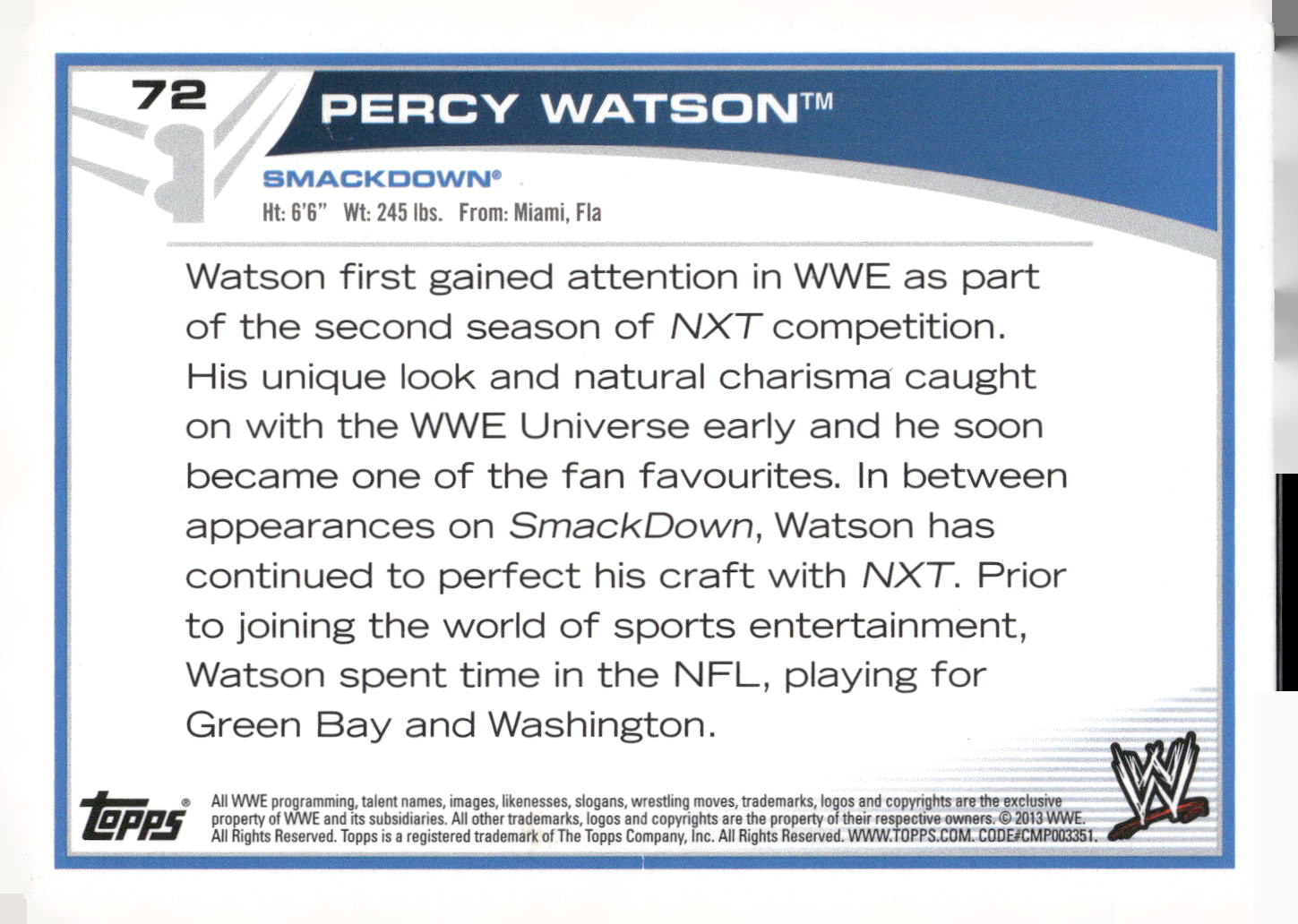 2013 Topps WWE #72 Percy Watson