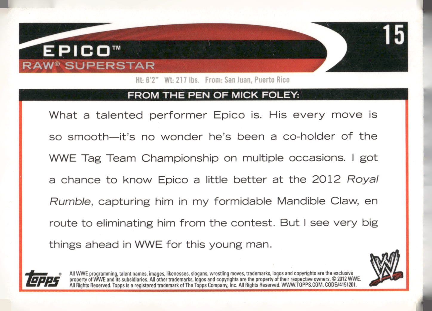 2012 Topps WWE #15 Epico