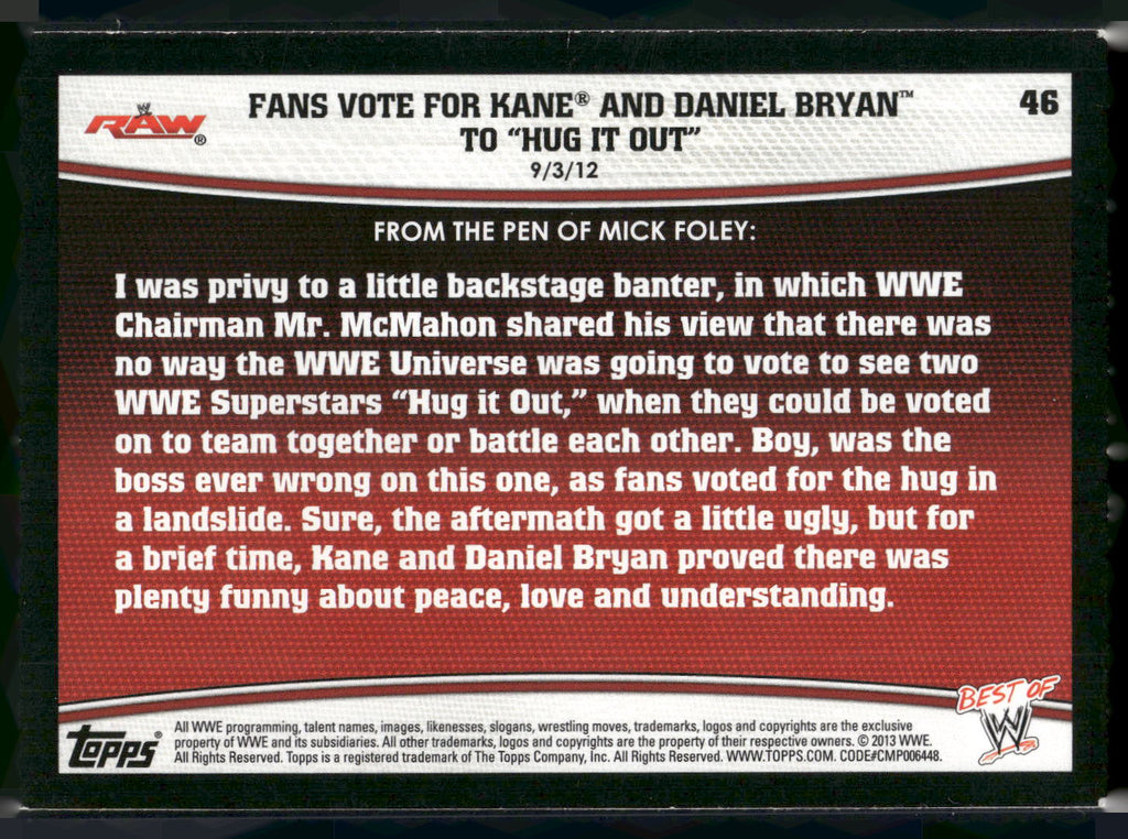 2013 Topps Best of WWE #46 Fans Vote for Kane and Daniel Bryan to Hug It Out
