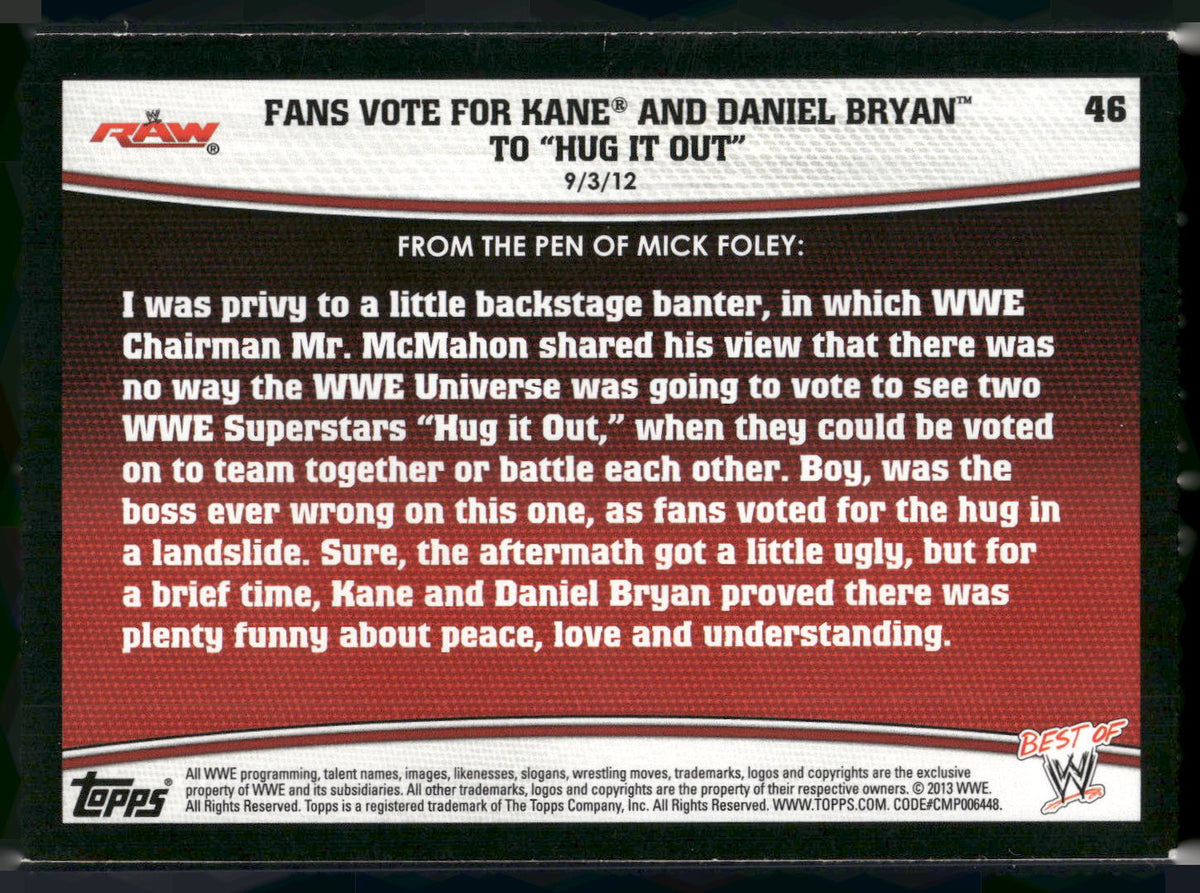 2013 Topps Best of WWE #46 Fans Vote for Kane and Daniel Bryan to Hug It Out