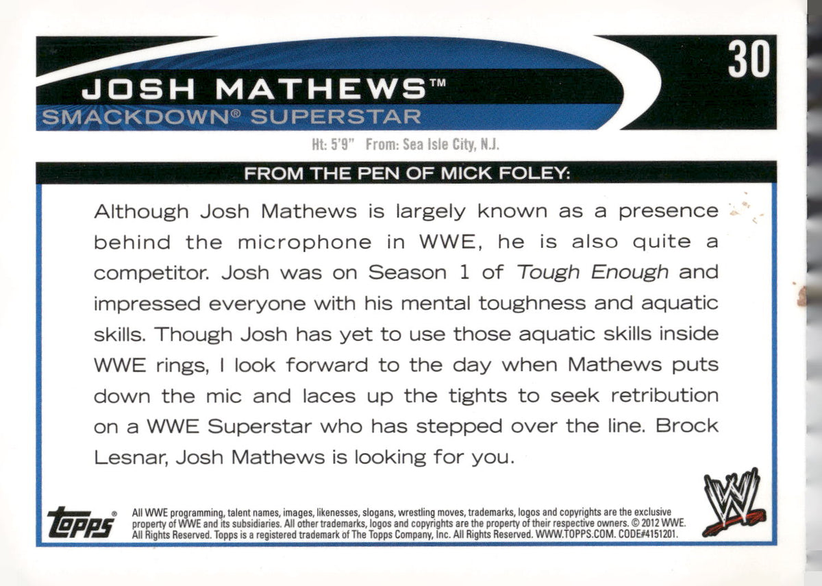 2012 Topps WWE #30 Josh Mathews