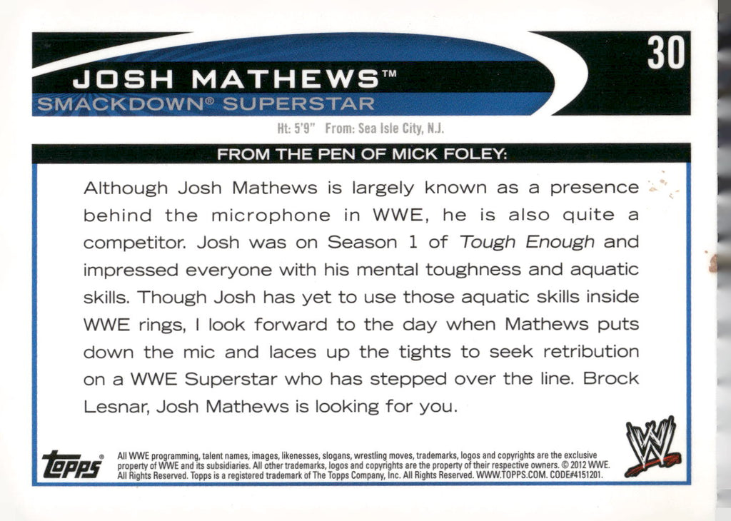 2012 Topps WWE #30 Josh Mathews