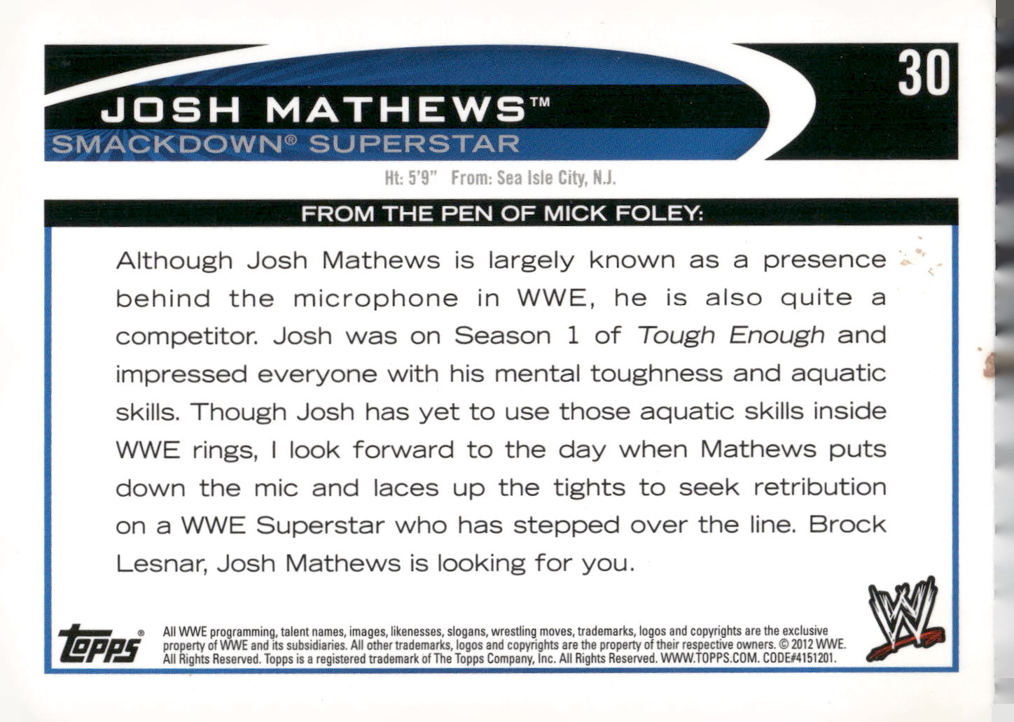 2012 Topps WWE #30 Josh Mathews