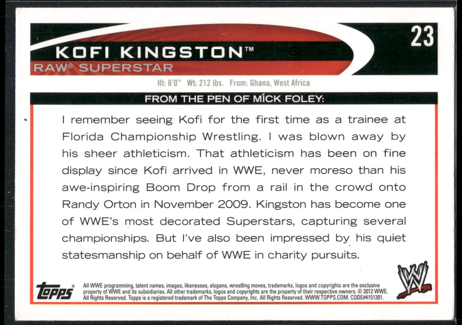 2012 Topps WWE #23 Kofi Kingston