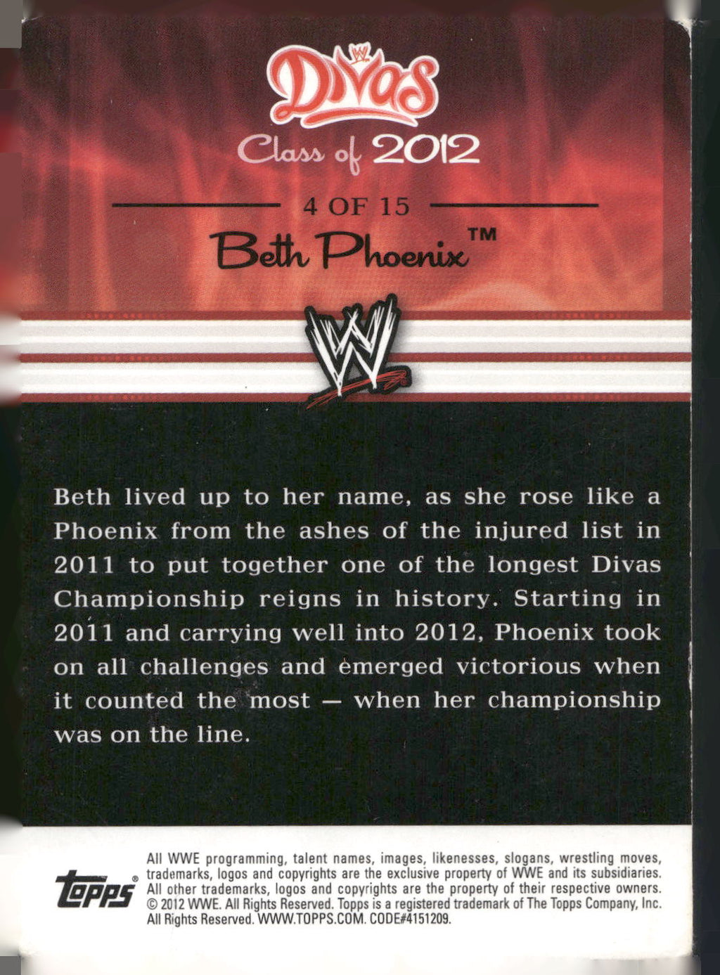 2012 Topps WWE #4 Beth Phoenix Divas Class of 2012