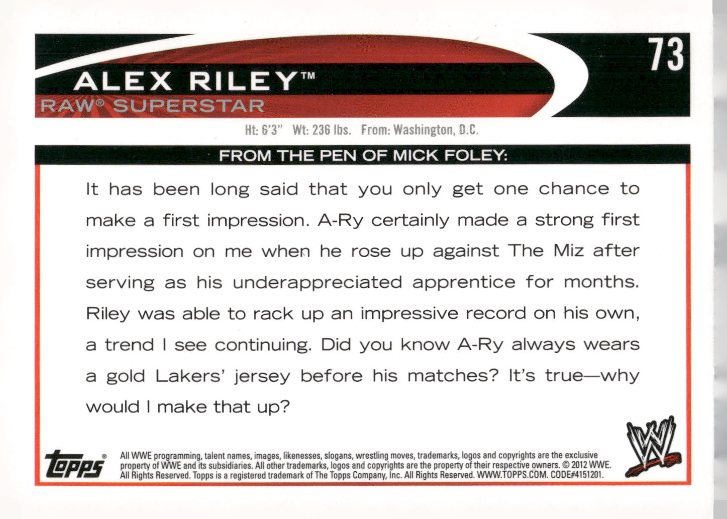 2012 Topps WWE #73 Alex Riley