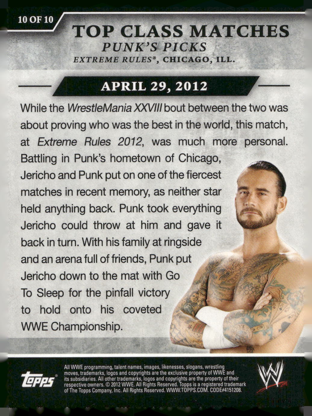2012 Topps WWE #10 CM Punk Turns Back Jericho Again Top Class