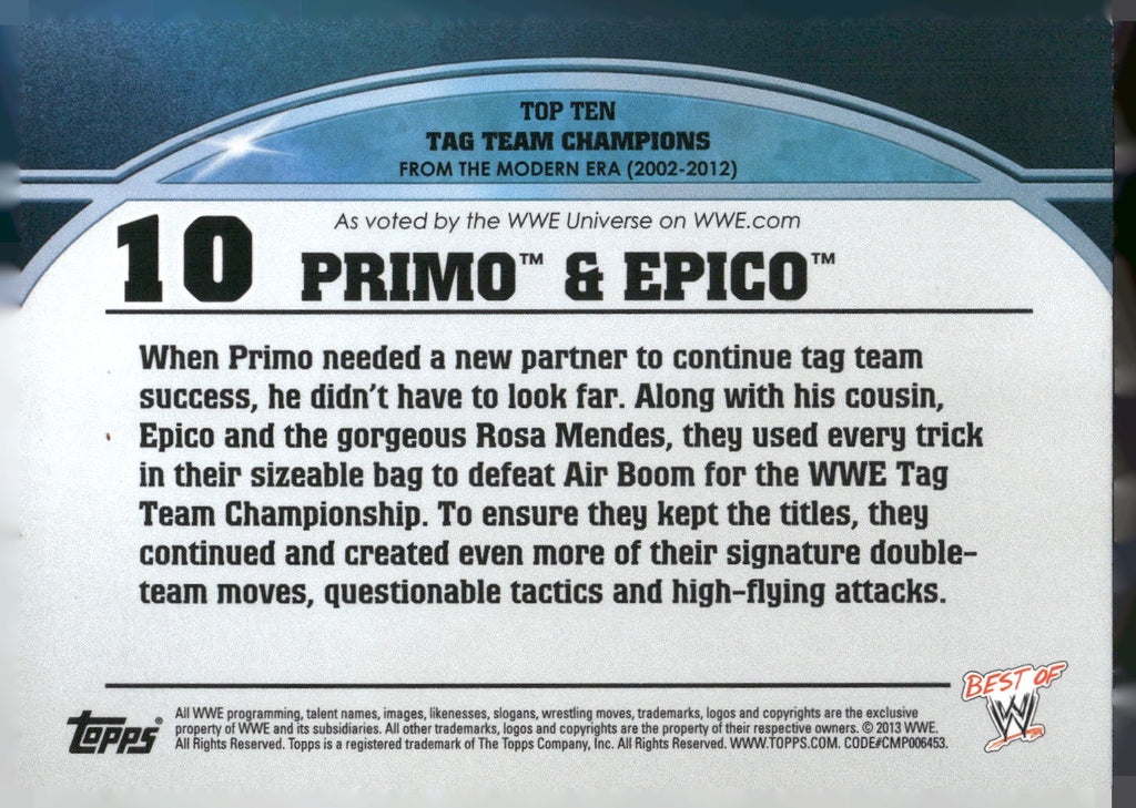 2013 Topps Best of WWE #10 Primo & Epico Top 10 Tag Team Champions