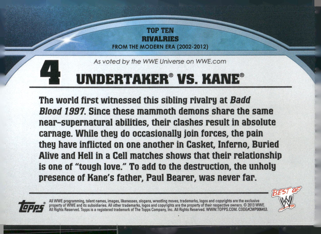 2013 Topps Best of WWE #4 Undertaker / Kane Top 10 Rivalries