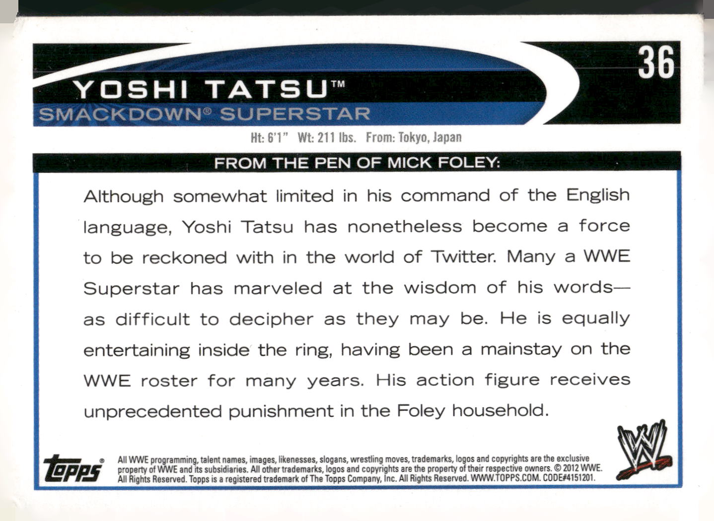 2012 Topps WWE #36 Yoshi Tatsu