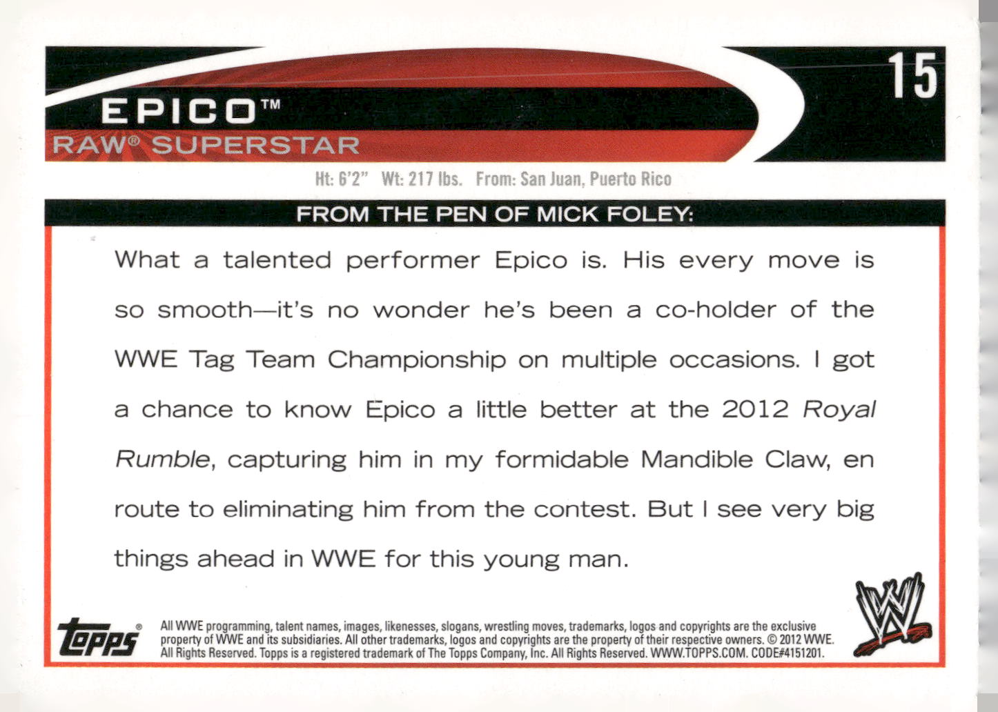 2012 Topps WWE #15 Epico