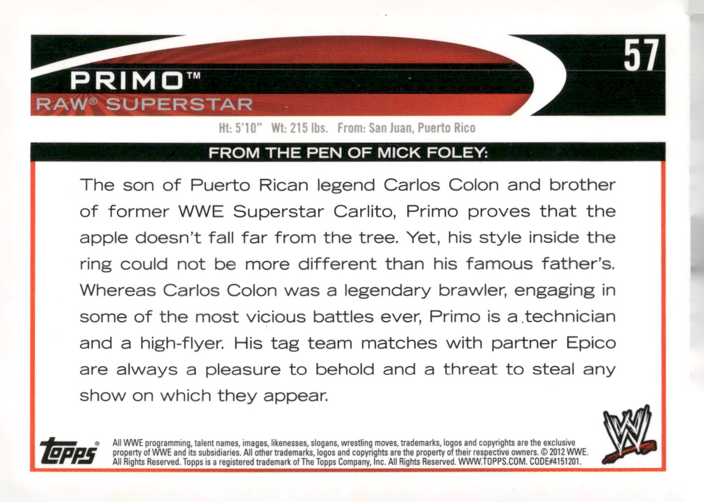 2012 Topps WWE #57 Primo