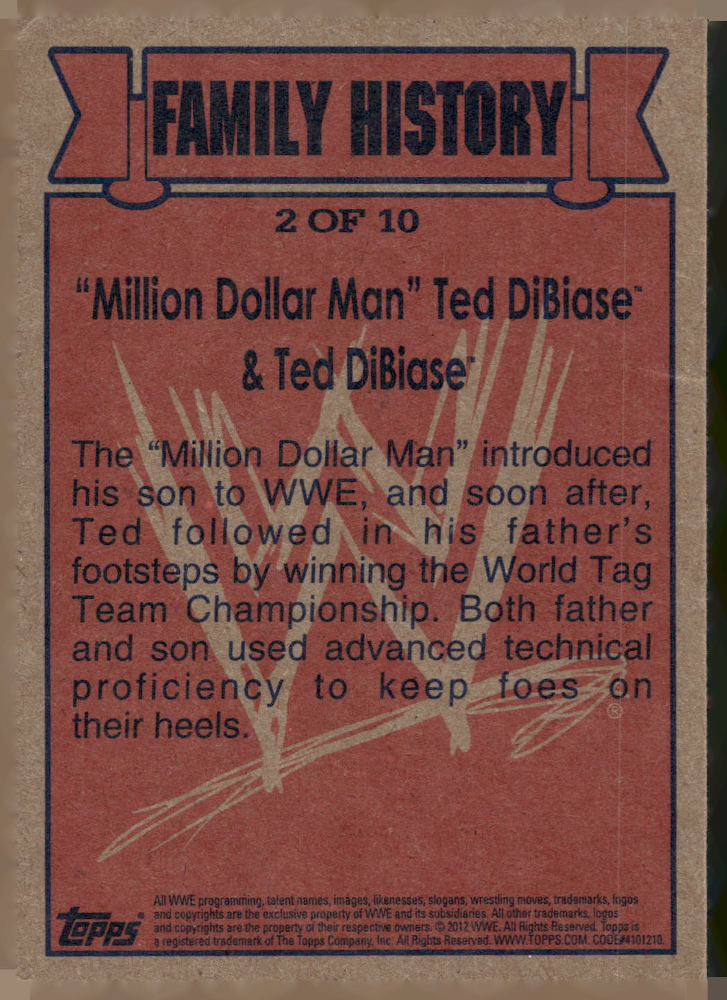 2012 Topps Heritage WWE #2 "Million Dollar Man" Ted DiBiase Jr. Family History