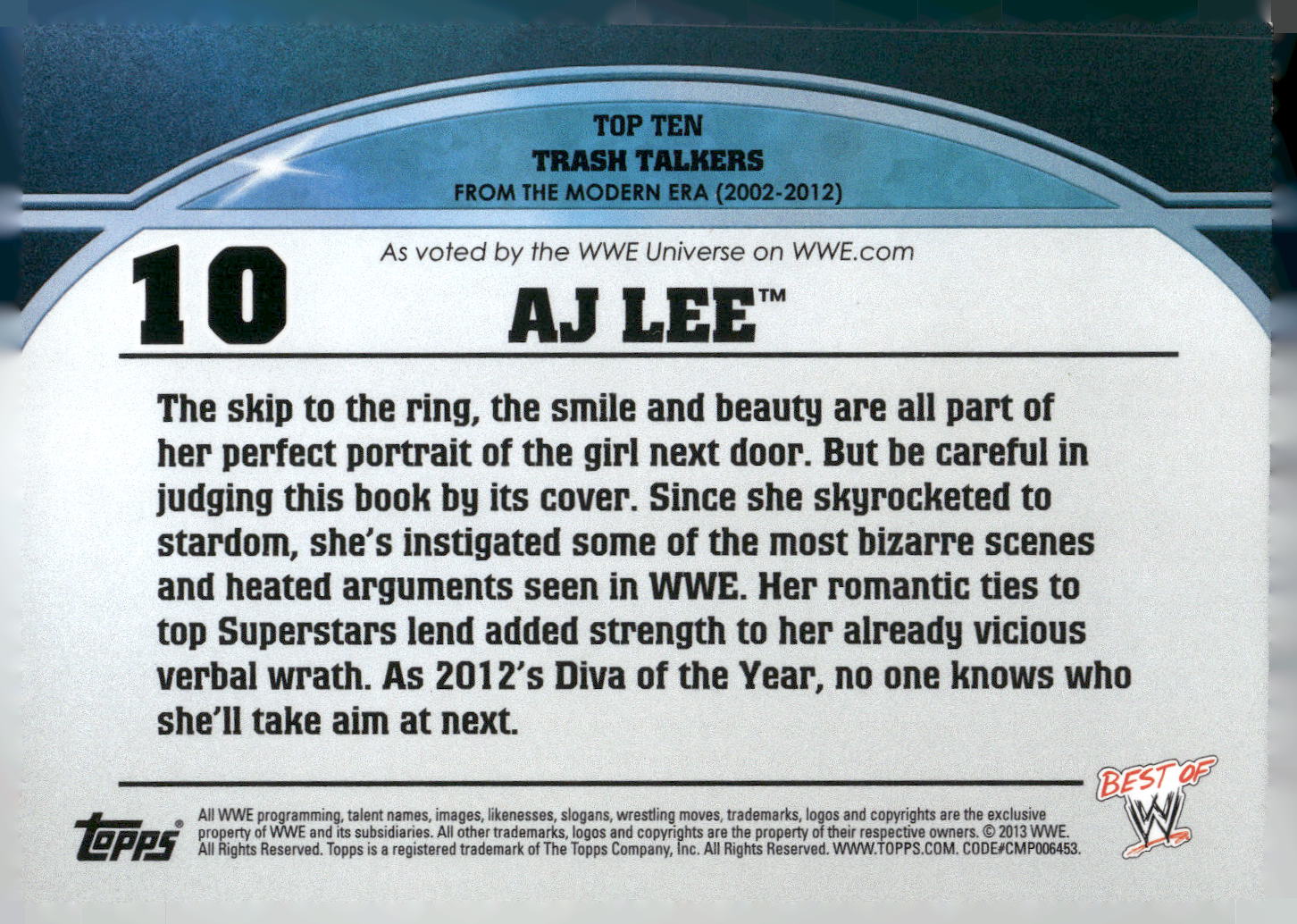 2013 Topps Best of WWE #10 AJ Lee Top 10 Trash Talkers
