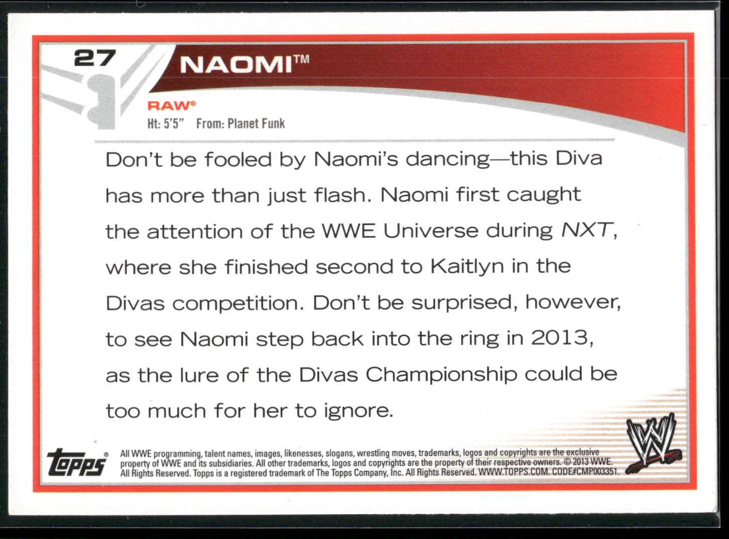 2013 Topps WWE #27 Naomi