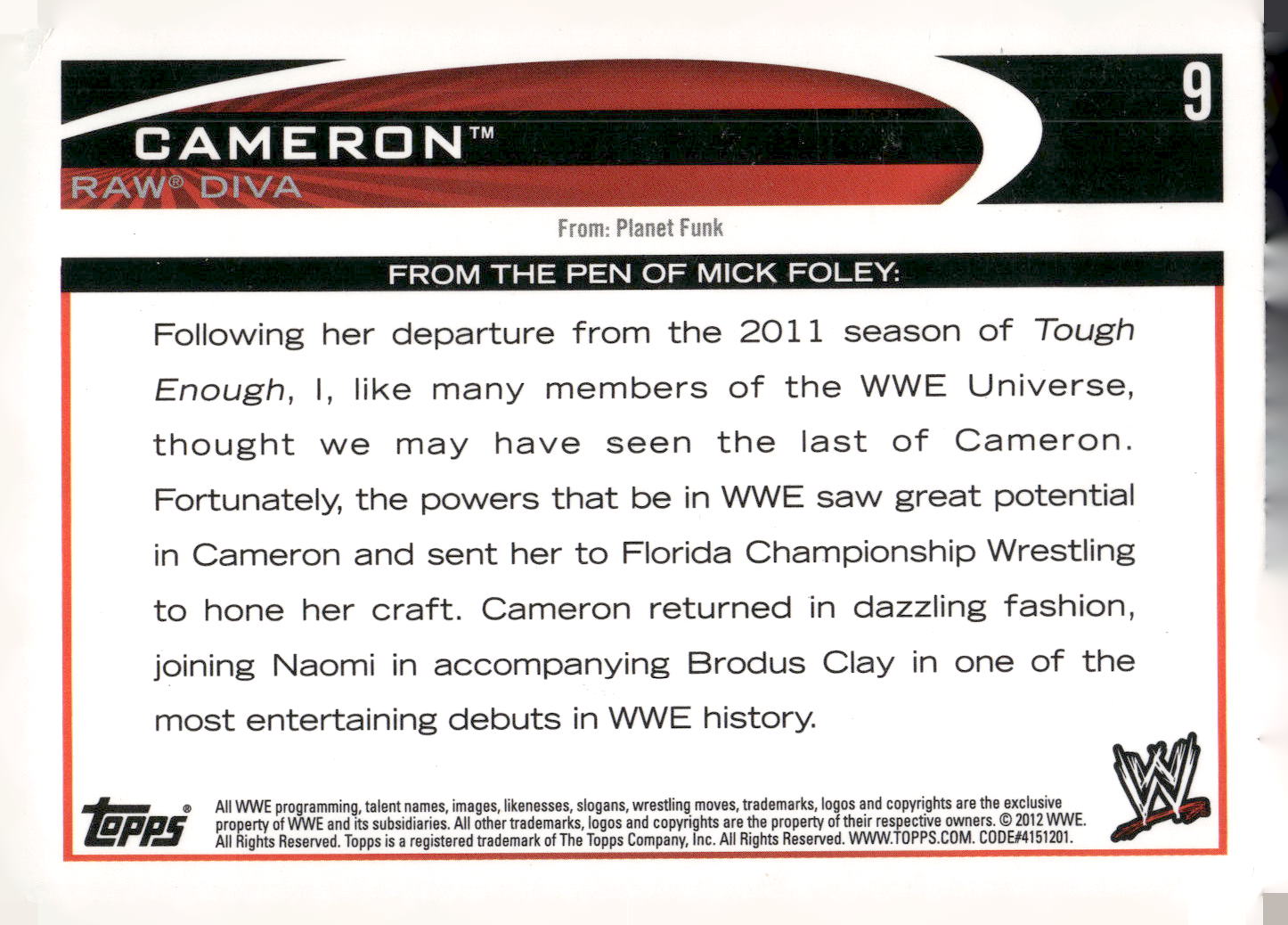 2012 Topps WWE #9 Cameron