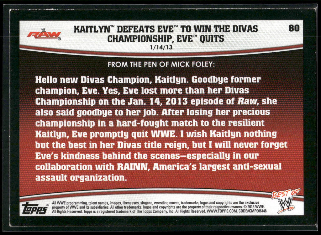 2013 Topps Best of WWE #80 Kaitlyn Defeats Eve Win Divas Championship
