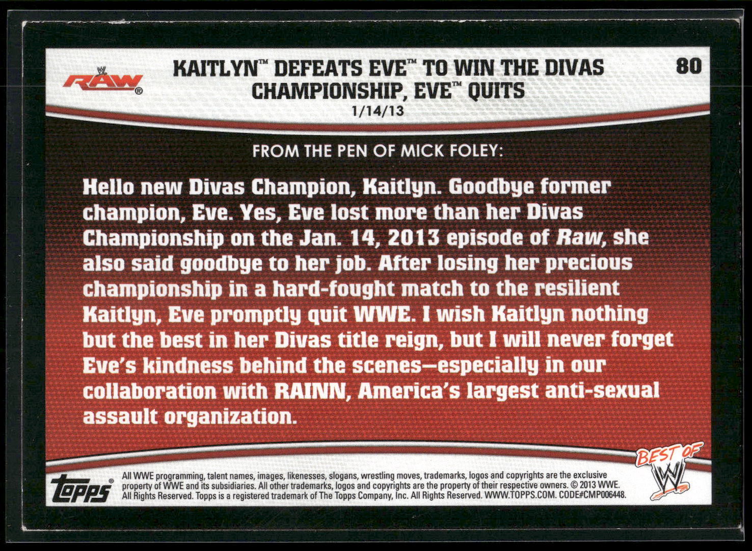 2013 Topps Best of WWE #80 Kaitlyn Defeats Eve Win Divas Championship
