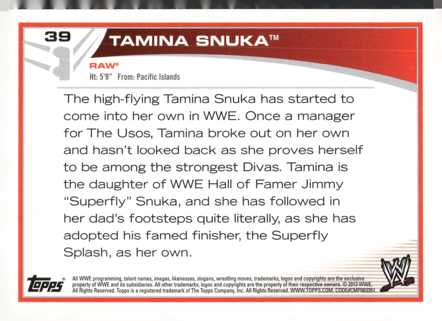 2013 Topps WWE #39 Tamina Snuka