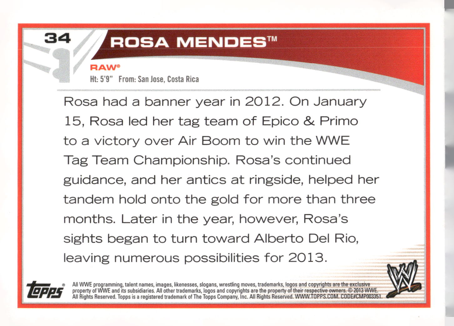 2013 Topps WWE #34 Rosa Mendes