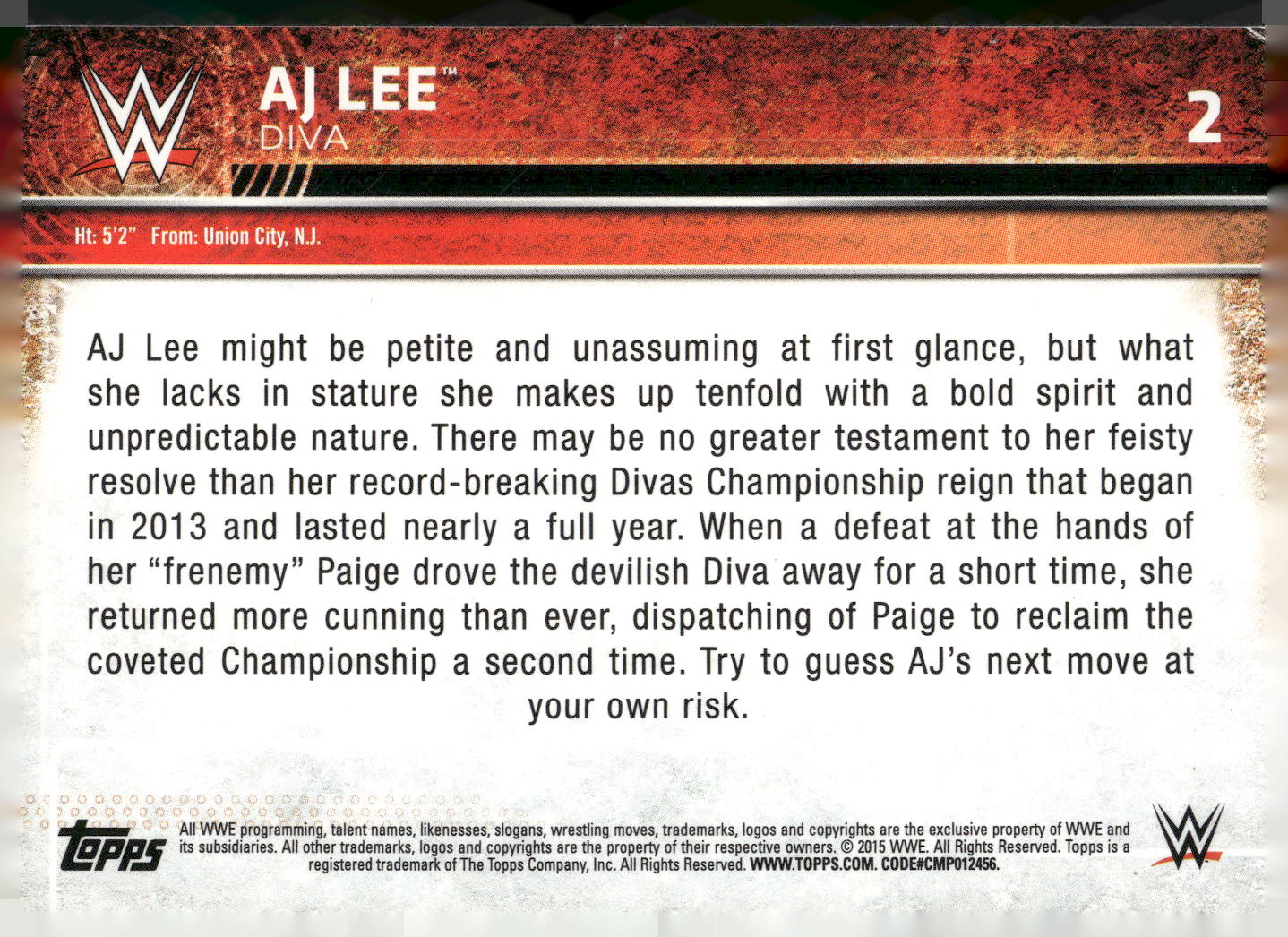 2015 Topps WWE #2 AJ Lee
