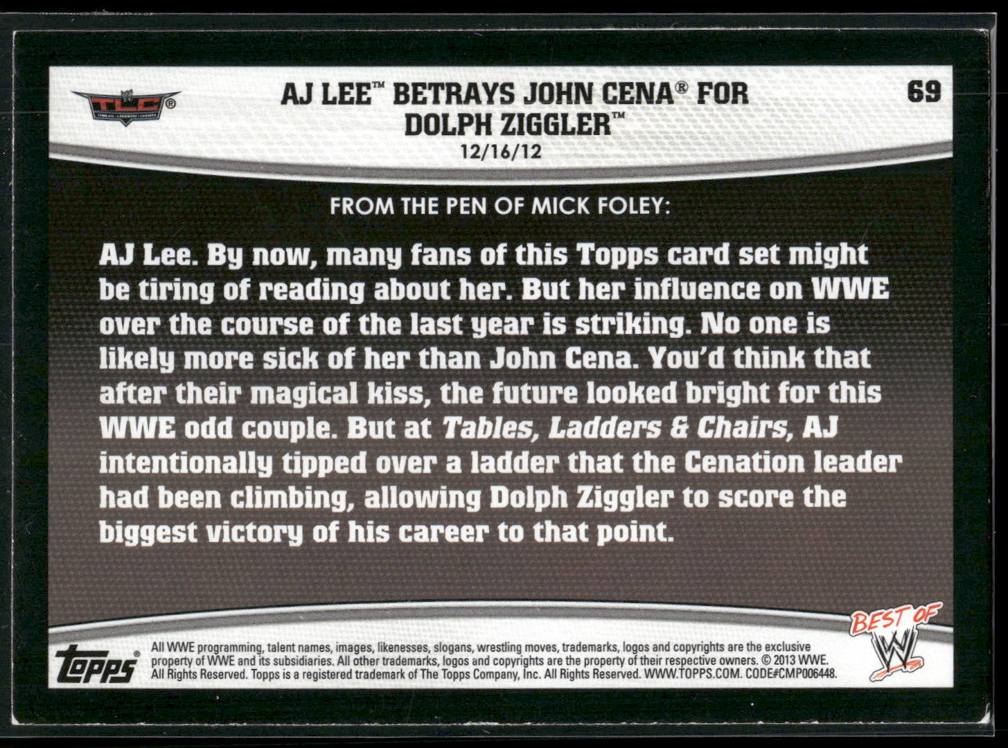 2013 Topps Best of WWE #69 AJ Lee Betrays John Cena for Dolph Ziggler