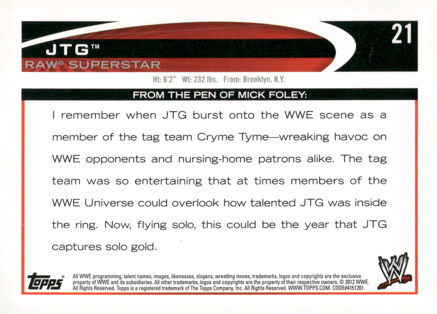 2012 Topps WWE #21 JTG