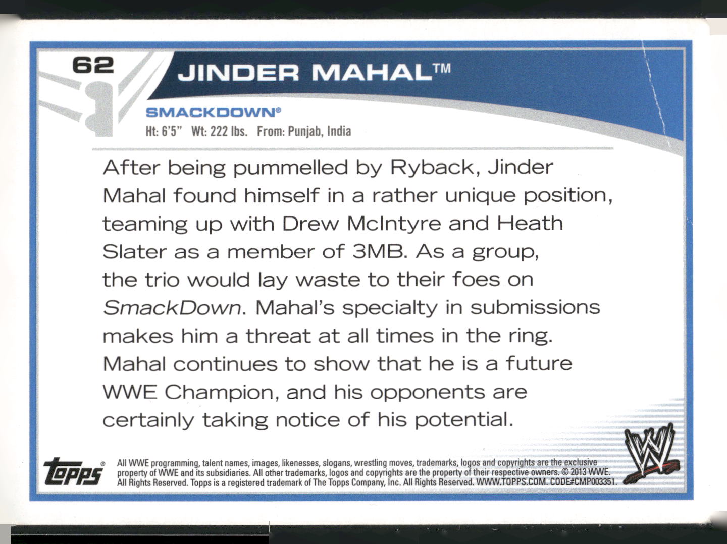 2013 Topps WWE #62 Jinder Mahal