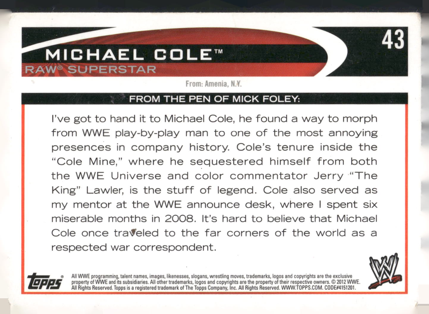 2012 Topps WWE #43 Michael Cole