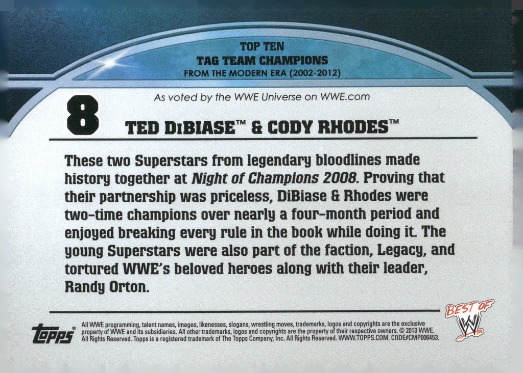 2013 Topps Best of WWE #8 Ted DiBiase & Cody Rhodes Top 10 Tag Team Champions