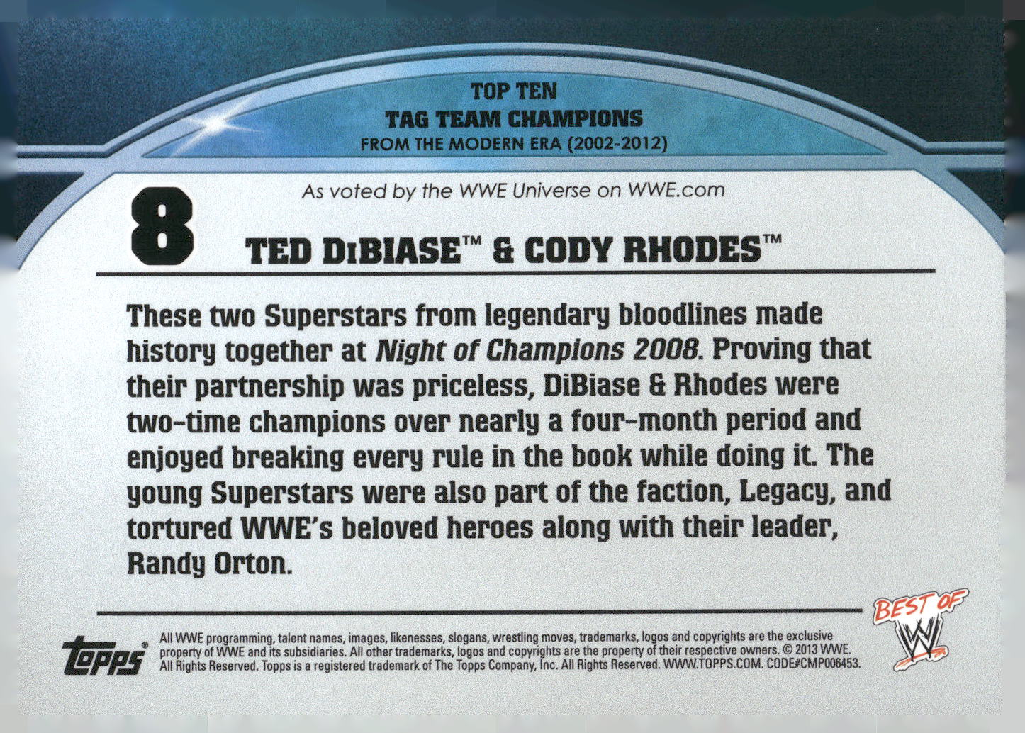 2013 Topps Best of WWE #8 Ted DiBiase & Cody Rhodes Top 10 Tag Team Champions