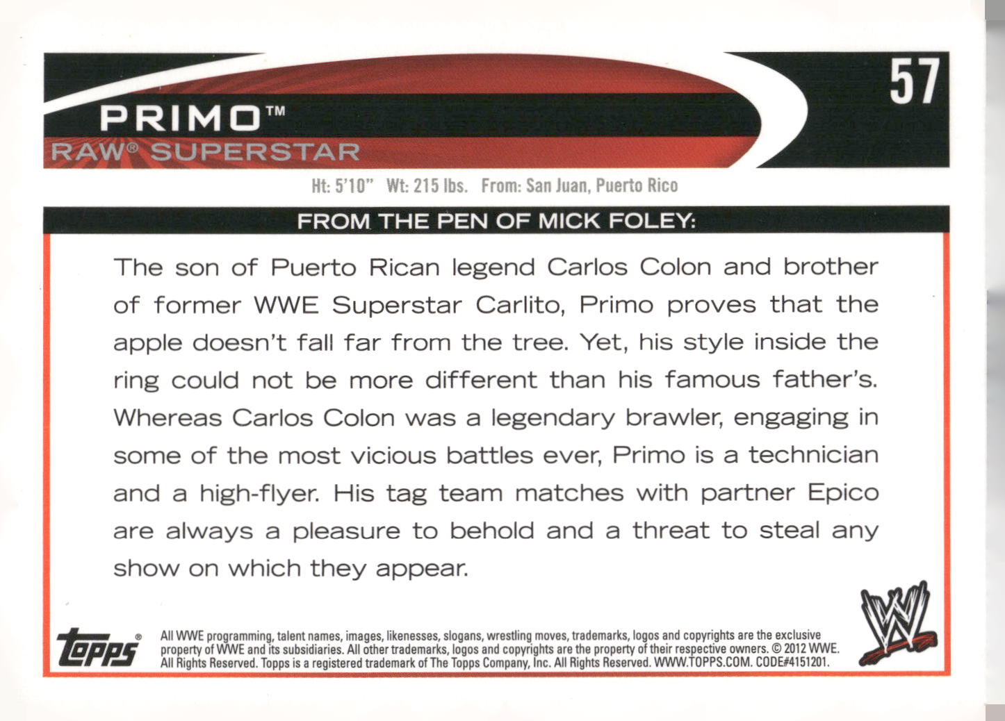 2012 Topps WWE #57 Primo