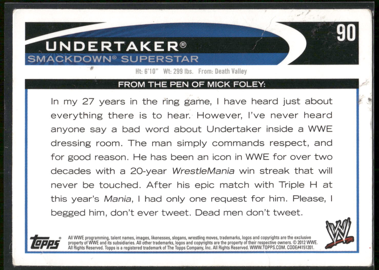 2012 Topps WWE #90 Undertaker