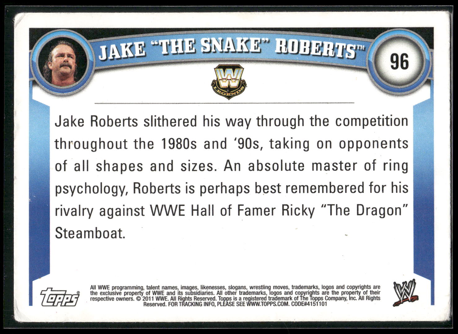 2011 Topps WWE #96 Jake The Snake Roberts