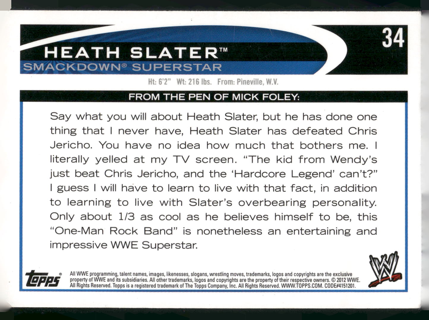 2012 Topps WWE #34 Heath Slater