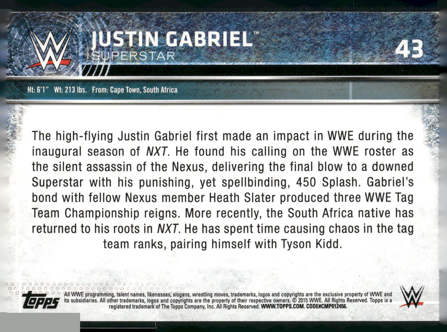 2015 Topps WWE #43 Justin Gabriel