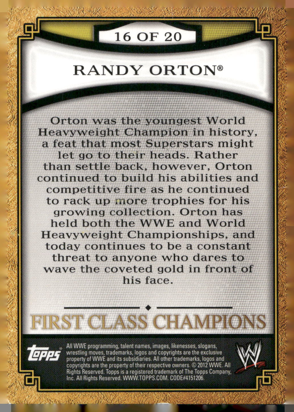 2012 Topps WWE #16 Randy Orton First Class Champions