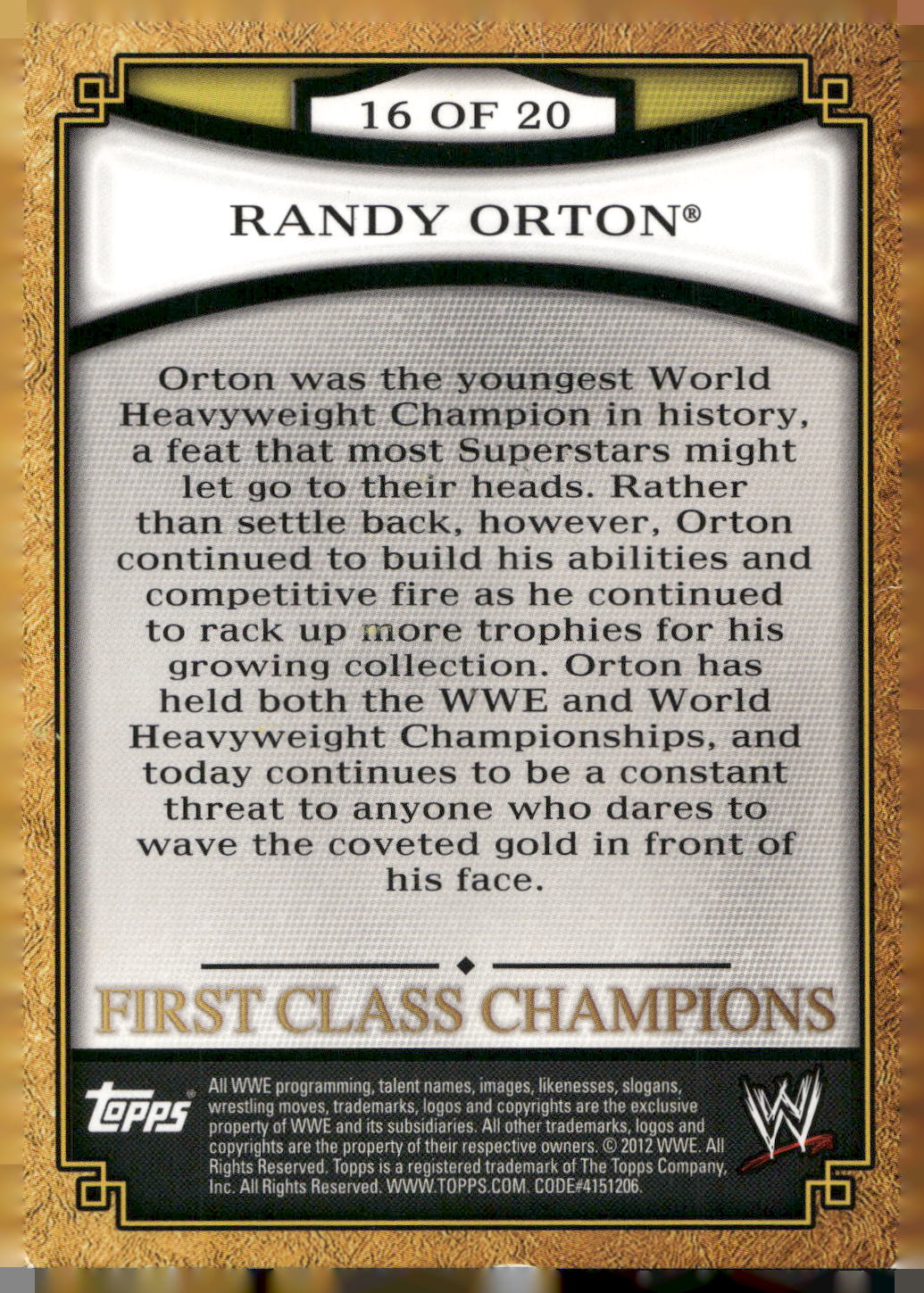 2012 Topps WWE #16 Randy Orton First Class Champions