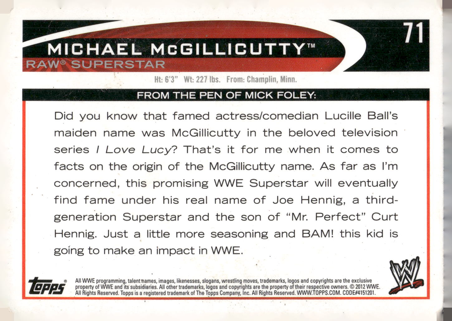 2012 Topps WWE #71 Michael McGillicutty