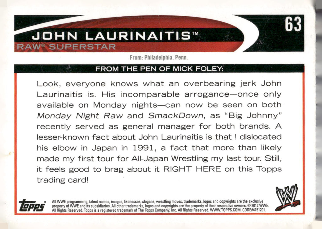 2012 Topps WWE #63 John Laurinaitis