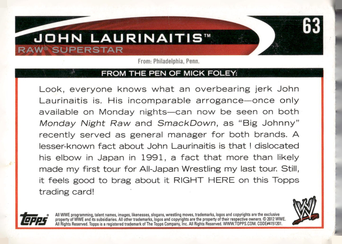 2012 Topps WWE #63 John Laurinaitis