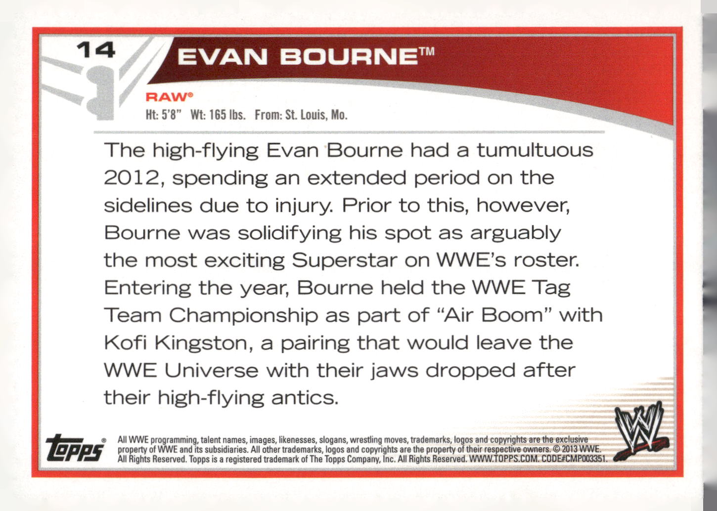 2013 Topps WWE #14 Evan Bourne