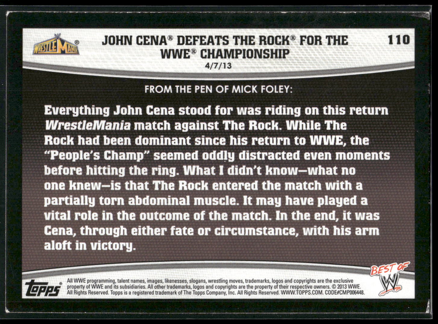 2013 Topps Best of WWE #110 John Cena Defeats The Rock for the WWE Championship