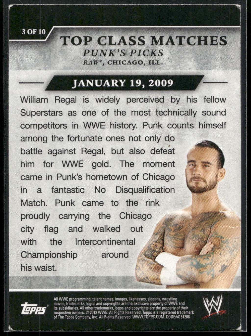 2012 Topps WWE #3 CM Punk Top Class Matches Punk's Picks