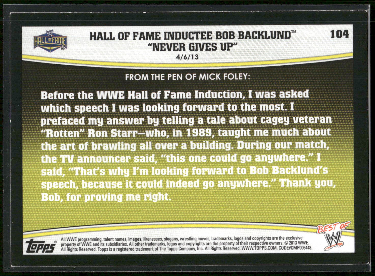 2013 Topps Best of WWE #104 Hall of Fame Inductee Bob Backlund Never Gives Up