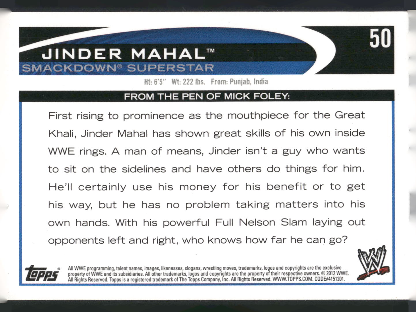 2012 Topps WWE #50 Jinder Mahal
